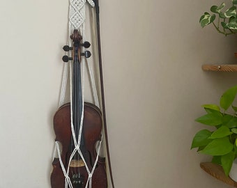 Natural macrame violin instrument hanger, music boho aesthetic home decor, instrument wall art rack stand, violin gifts for music lovers