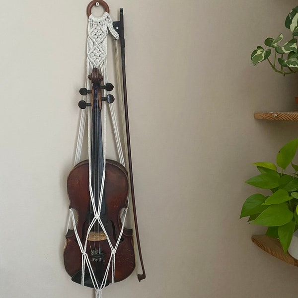Natuurlijke macrame vioolinstrumenthanger, muziekboho esthetisch interieur, instrumentmuurkunstrekstandaard, vioolcadeaus voor muziekliefhebbers