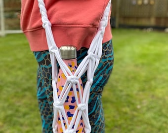 Weiß Macrame Flaschenhalter Tasche: Crossbody Tumbler Carrier