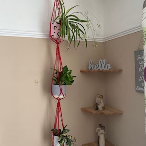 Macrame Triple Plant Hanger: Red Recycled Cotton, Boho Decor
