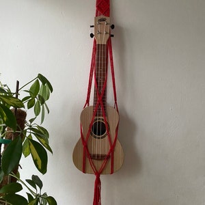 Red Macrame Ukulele Hanger: Boho Music Room Decor
