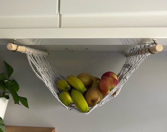 Light grey fruit veg hammock, hanging produce storage basket, kitchen space saver, produce bag, hanging basket,under cabinet kitchen storage