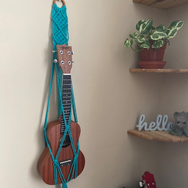 Lagoon macrame ukulele hanger holder hook, music home decor, ukulele wall hanger strap mount, ukulele accessories, instrument wall art