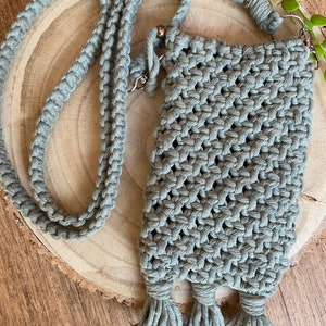 Boho Sage Macrame Phone Bag: Recycled Cotton Crossbody Mini Travel Bag