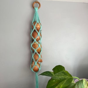 May include: A light blue macrame onion holder with a wooden ring at the top. The holder is hanging from a hook on a white wall and contains several brown onions.