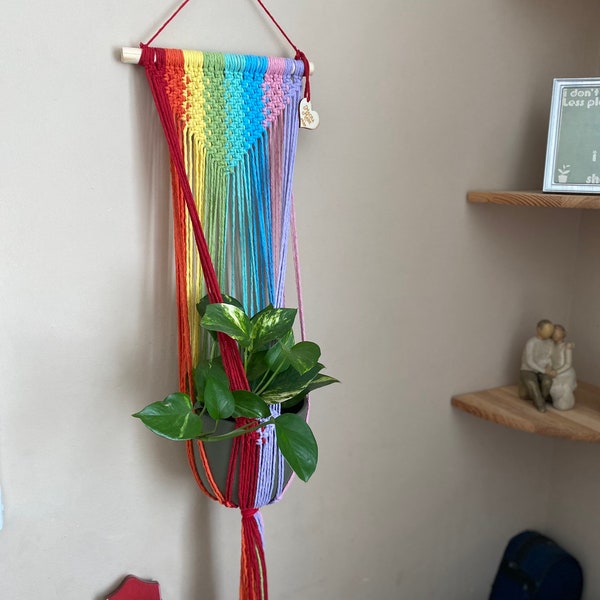 Cintre de plante arc-en-ciel en macramé, porte-pot de plante d'intérieur, art mural lumineux audacieux, cadeaux écologiques, cadeau pour les amoureux des plantes, décoration amusante pour la maison