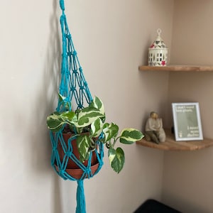 Handmade Turquoise Macrame Plant Hanger: Large Recycled Cotton Basket