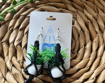 Mini Macrame Plant Hanger Earrings: Recycled Cotton, Plant Lover Gift