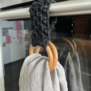 Handmade Black Cotton Oven Door Towel Holder with Wooden Rings