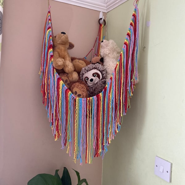 Rainbow Macrame Toy Hammock: Recycled Cotton Stuffed Animal Net