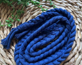 Navy Macrame Belt: Braided Recycled Cotton Waist Tie with Tassels