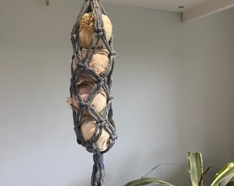 Macrame Garlic Hanger: Grey Recycled Cotton Rustic Kitchen Storage