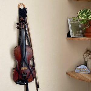 Black macrame violin instrument hanger, music boho aesthetic home decor, instrument wall art rack stand, violin gifts for music lovers