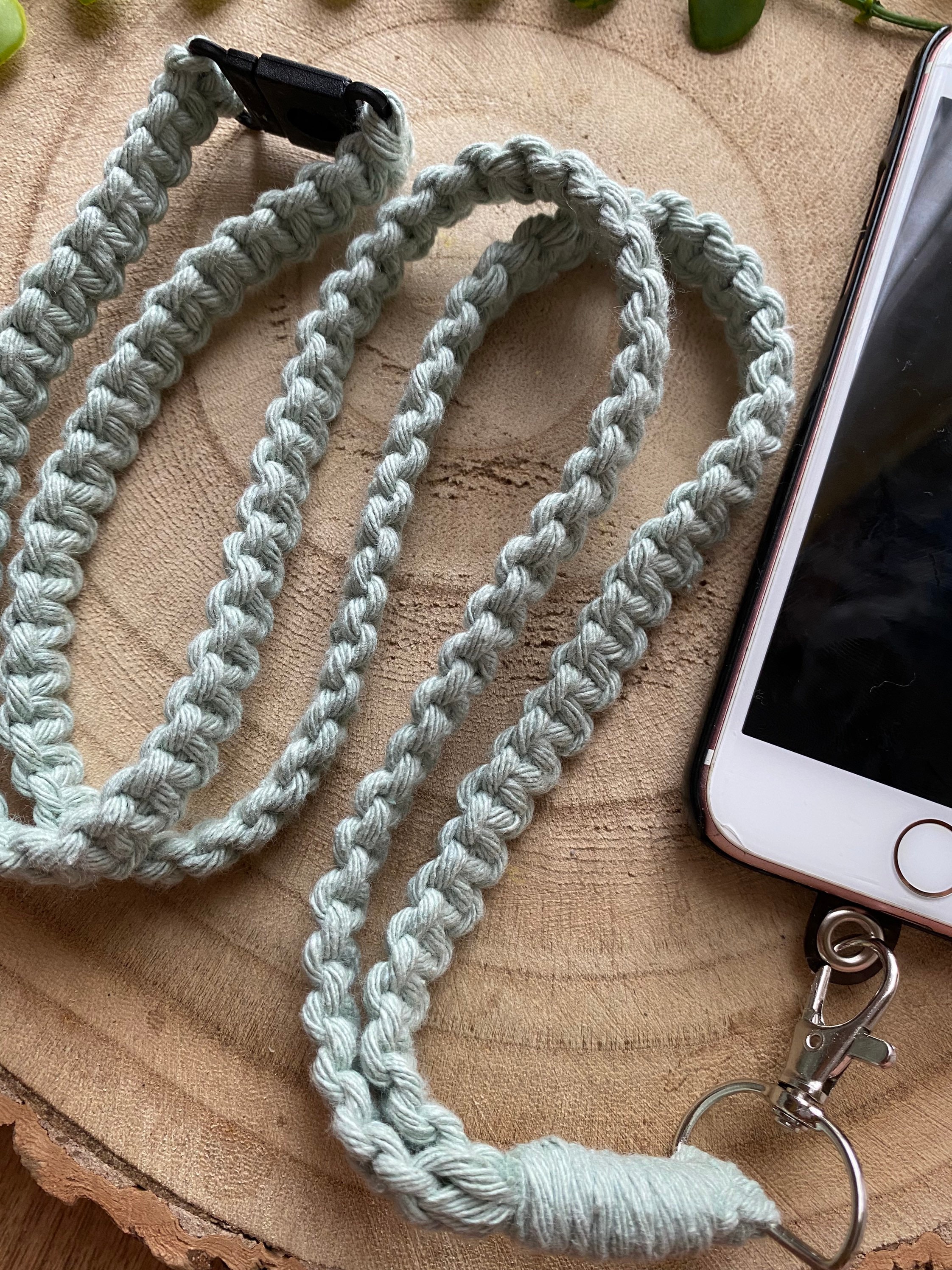 Handmade Pastel Green Phone Lanyard: Recycled Cotton Cord, Safety Break