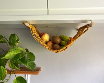 Mustard fruit veg hammock, hanging produce storage basket, kitchen space saver, produce bag, hanging basket,under cabinet kitchen storage