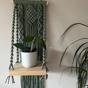 Sage Green Macramé Hanging Shelf, Floating Wooden Plant Crystal Display Holder