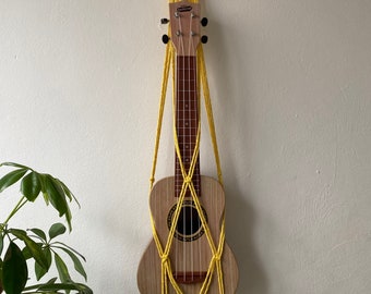 Yellow macrame ukulele hanger, music home decor, ukulele strap, gifts for music lover, ukulele wall mount, ukulele sling,ukulele accessories