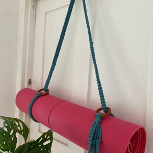 Teal Macrame Yoga Mat Strap: Recycled Cotton Carrier