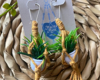 Macrame Plant Hanger Earrings: Recycled Cotton, Plant Lover Gift