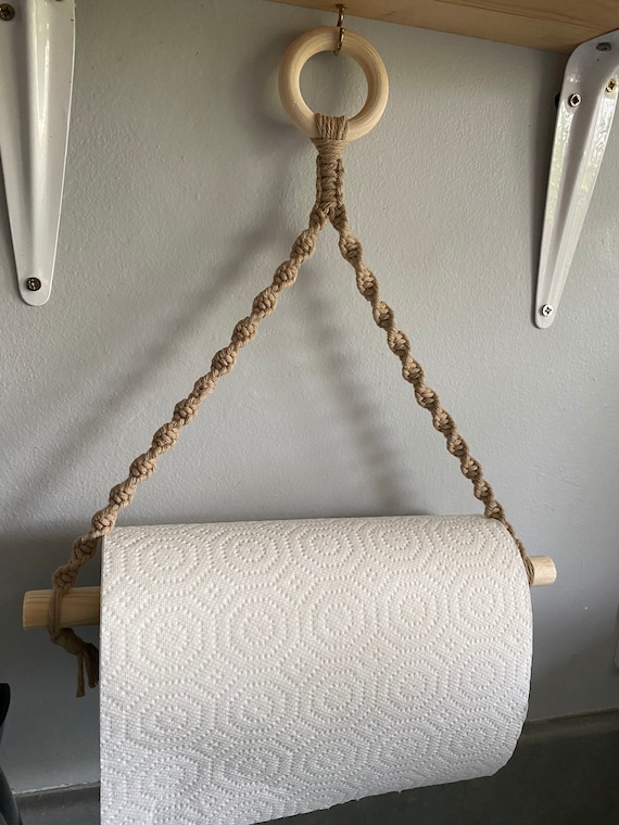 Taupe Macrame Kitchen Roll Holder: Recycled Cotton Paper Towel Hanger