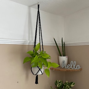 Peut inclure: Un porte-plante en macramé noir avec un pot blanc et une plante verte suspendue au plafond. La plante est dans un coin de la pièce avec une étagère en bois et le mot "hello" en lettres grises sur l'étagère.