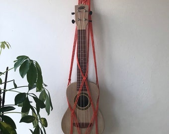 Orange macrame ukulele hanger, music home decor, boho living room wall decor, eco friendly gifts for music lover, ukulele sling, wall mount