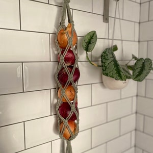 Handmade Sage Green Macrame Fruit Basket: Hanging Kitchen Storage
