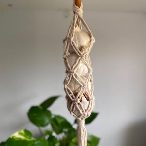 May include: A white garlic bulb hanging in a macrame net with a wooden loop at the top. The garlic is hanging from the ceiling.