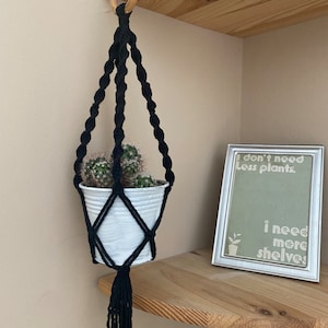 May include: A black macramé plant hanger holding a white pot with a cactus. The hanger is suspended from a wooden shelf with a brass ring. A framed print on the shelf reads "I don't need less plants. I need more shelves."