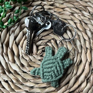 May include: A green crocheted turtle keychain attached to a silver key ring with multiple keys.