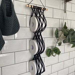 Black Macrame Toilet Roll Holder: Wall Hanging Bathroom Storage