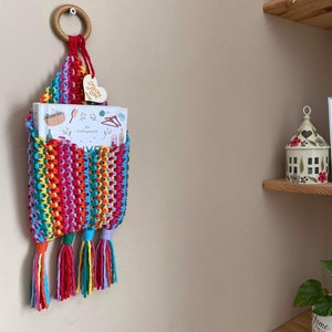 Rainbow macrame pouch, rainbow basket,  hanging storage basket, bedside storage, rainbow bedroom accessories, phone storage, book holder