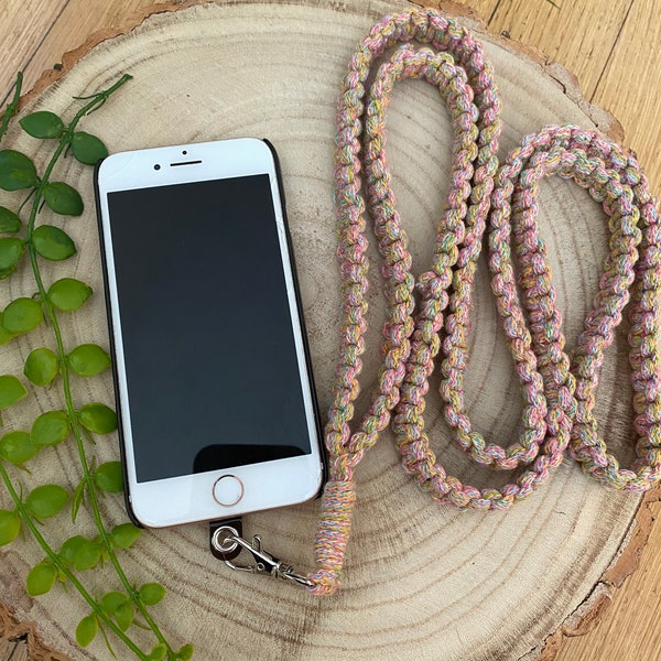 Rainbow macrame cross body phone strap, Phone tether,universal phone holder, phone chain, hands free phone accessories,mobile phone fashion