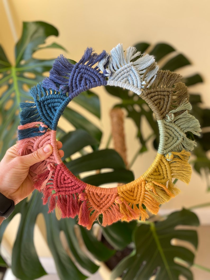 Puede incluir: Un tapiz de macram&eacute; de pared colorido con forma circular y detalles de flecos. El tapiz est&aacute; hecho con diferentes tonos de azul, verde, amarillo y naranja.