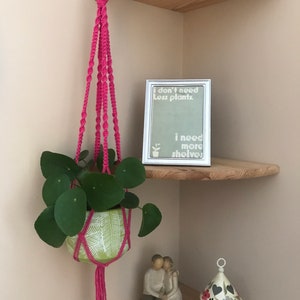 Op de afbeelding: Een roze macramé plantenhanger met een groene plant in een pot die eraan hangt. De plantenhanger hangt aan een houten plank. De plank heeft een bord met de tekst "Ik heb geen minder planten nodig, ik heb meer planken nodig".