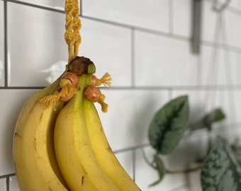 Yellow macrame banana storage, fruit keeper, pantry bag, boho farmhouse kitchen decor, eco friendly, fruit basket, banana tree, banana hook