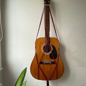 Macrame Guitar Holder: Deep Red Boho Wall Hanging