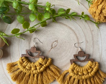 Handmade Macrame Fringe Earrings: Walnut Wood, Mustard Yellow Boho Jewelry