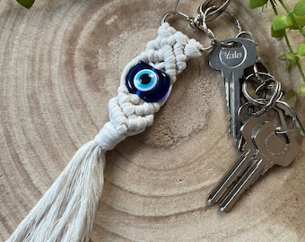 Evil Eye Macrame Keychain: Recycled Cotton Charm, Protection Gift