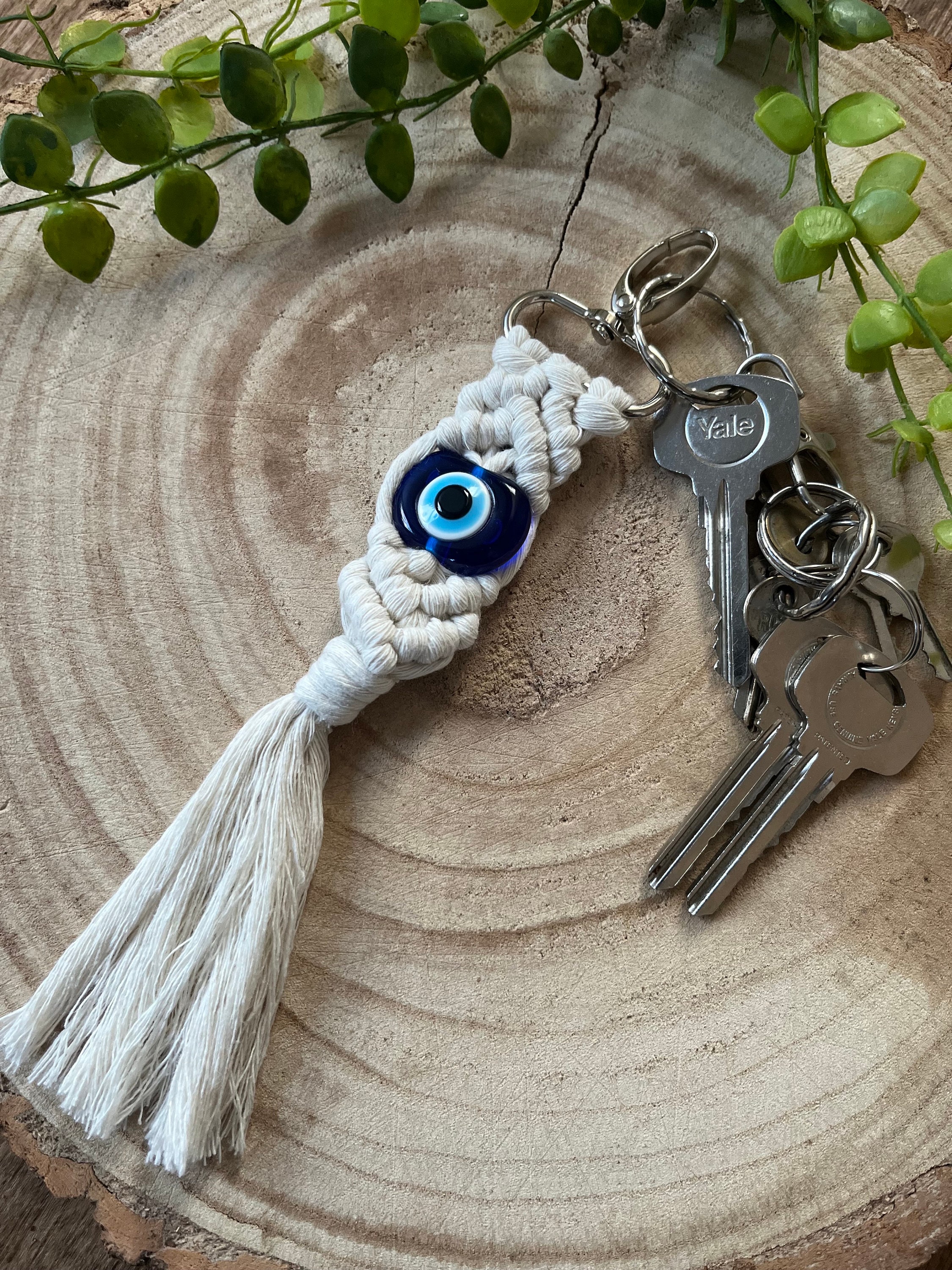Evil Eye Macrame Keychain: Recycled Cotton Charm, Protection Gift