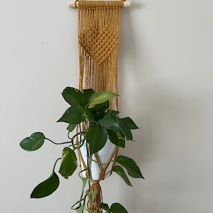 Könnte beinhalten: Ein Makramee-Pflanzenhänger mit einem Herz-Design in senfgelber Farbe. Eine Topfpflanze mit grünen Blättern hängt an dem Hänger.