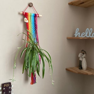 May include: Rainbow macrame plant hanger with a wooden dowel and a heart-shaped tag that says "Handmade with Love". A green plant is hanging in the macrame.