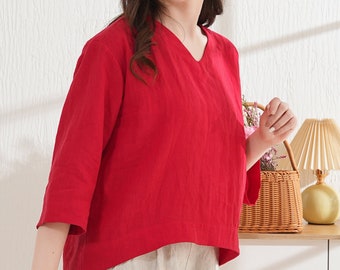 Linen - V Back Linen Top,3/4 sleeve Linen top, Linen T-shirt in red ,Washed soft linen top, Loose linen , summer top, spring top