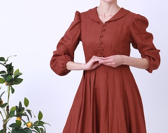 Robe rouge rouille, robe longue en lin, robe à manches longues, robe en lin classique pour femme, robe grande taille, robe en lin avec poches, robe de cocktail