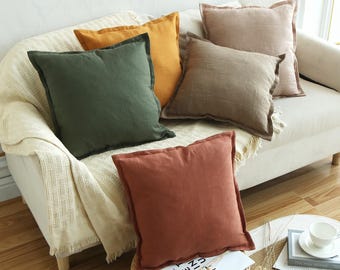 Funda de almohada de lino natural con ribetes, funda de cojín de lino suavizado, fundas de almohada a medida, ropa de cama elegante, botón de madera, almohada lumbar, cojines