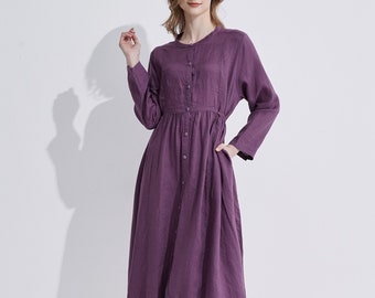 Linen dress,Shirt Dress Pockets   Customized Linen women dress Long Sleeves Dress Casual Loose Midi Dresses