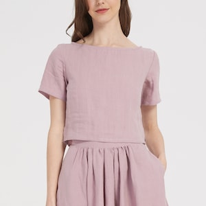 Dusty Rose linen top ,Linen crop top, short sleeve Linen Blouse, Linen T-shirt ,Washed soft linen top, Loose linen  summer top