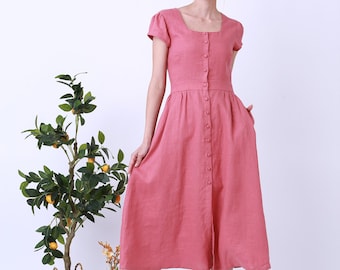 Square Neck Linen Dress: Vintage Inspired Short Sleeve