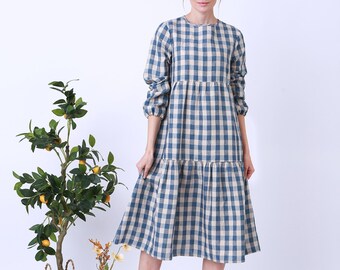 long linen dress, Summer/Autumn linen dress,plaid long sleeve Dress, Plus Size Dress,Loose linen dress Simple Linen Dress