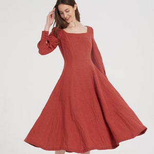 Rusty Red Linen Dress: Square Neck, Long Sleeve, Retro Style